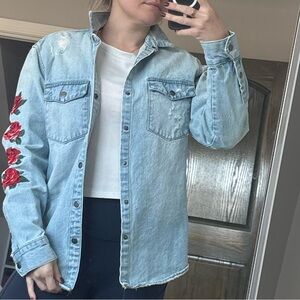 Forever 21 Light Blue Denim Jacket with Red Floral Embroidery